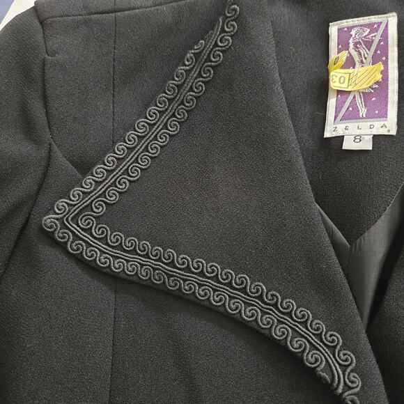 Vintage Zelda 90's Y2K Artsy Black Button-Up Jacket Soutache Trim, Size 8 - Picture 6 of 8